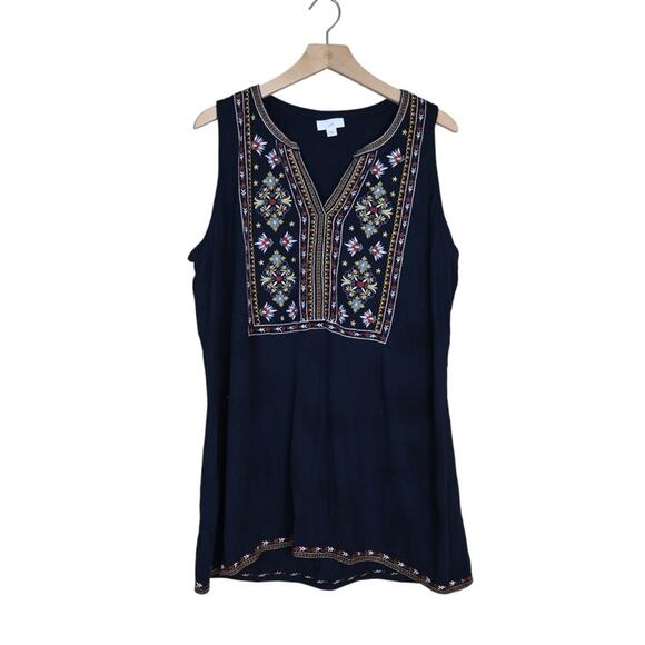 J. Jill Women's XL Navy Blue Embroidered V-Neck Tank Tunic - Picture 1 of 9